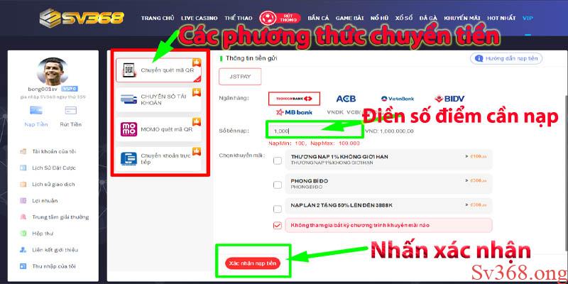 Nạp Tiền Sv368 - Hướng Dẫn Nạp Tiền Nhanh Chóng Tại Sv368 2 Nạp tiền Sv368 bằng phương thức trực tuyến